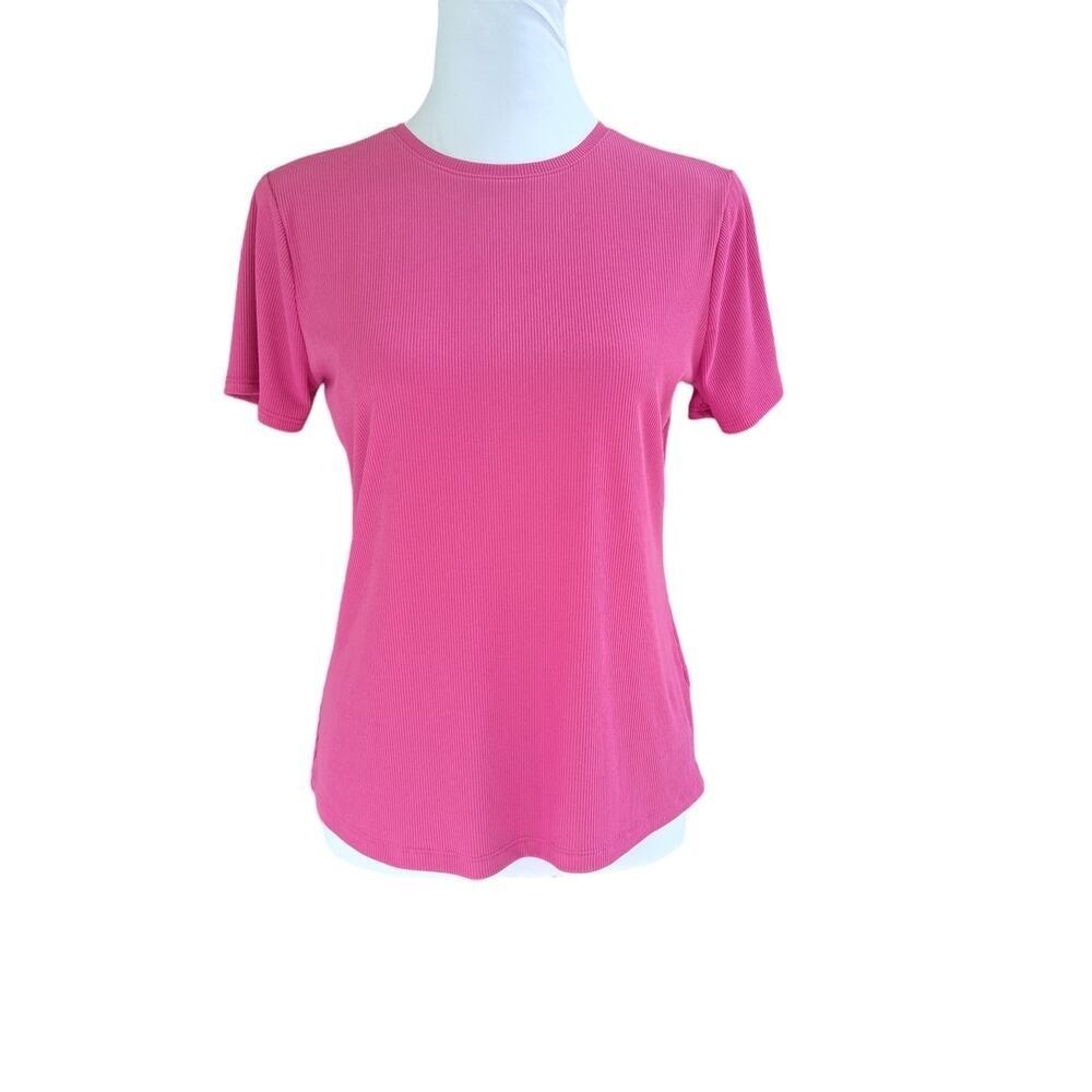 Nine West Soft Spun Short Sleeve Ribbed T-Shirt Size SP(Petite) Hot Pink